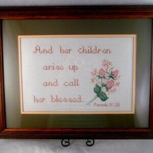 Proverbs 31 Woman Scripture Verse Rosebud Bouquet Cross Stitch Sampler 14" x 18"
